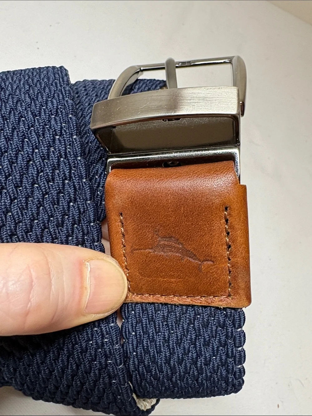 Tommy Bahama Reversible Navy/Tan Woven Textile Belt Flexible Sizing